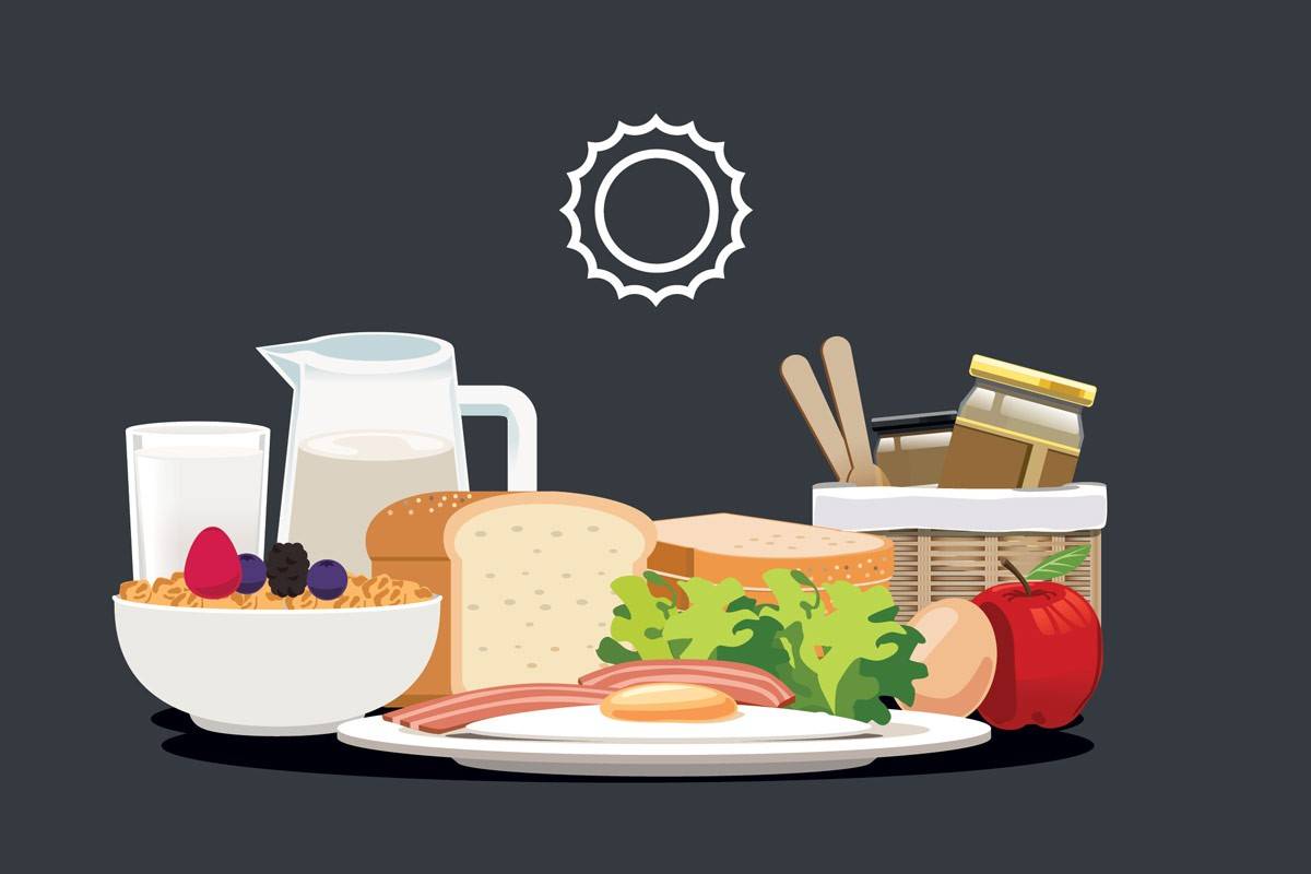 Ілюстрація корисного сніданку: каша з ягодами, молоко, хліб, яйце, овочі та мед