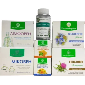 Набір натуральних добавок Рослина Карпат: Лімфорен, Мікобен, Спіруліна, Фіалергін, Гепатовіт, Прополіс карпатський і Календула карпатська