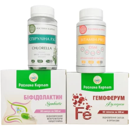 Комплекс для відновлення при анемії: Гемоферум (залізо), Біфідолактин, Спіруліна Р.К. Хлорела та Вітамін-Про DSM