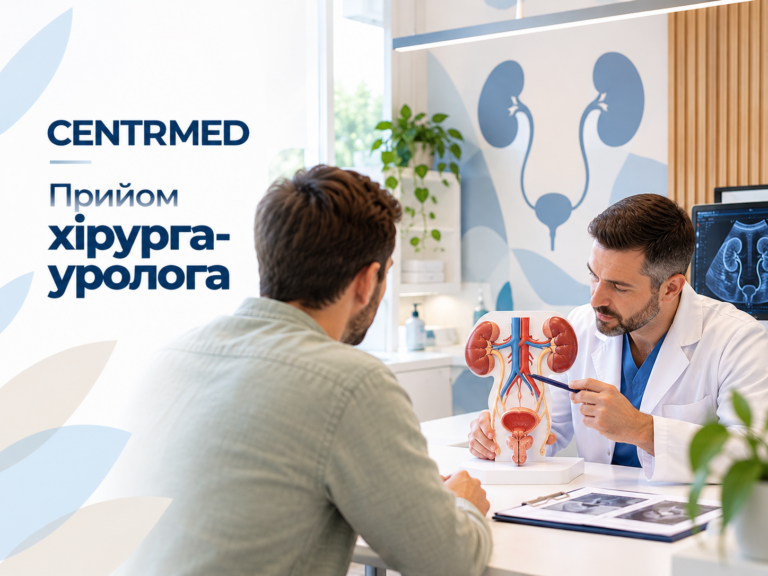 Лікар уролог консультує пацієнта за допомогою анатомічної моделі нирок.