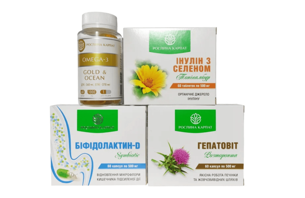 Фітопрепарати «Рослина Карпат» — омега-3, інулін із селеном, біфідолактин та гепатовіт для підтримки обміну речовин і здоров’я організму.