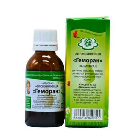 Пляшка та коробка фітокомпозиції Геморан від ТМ Зелена планета.