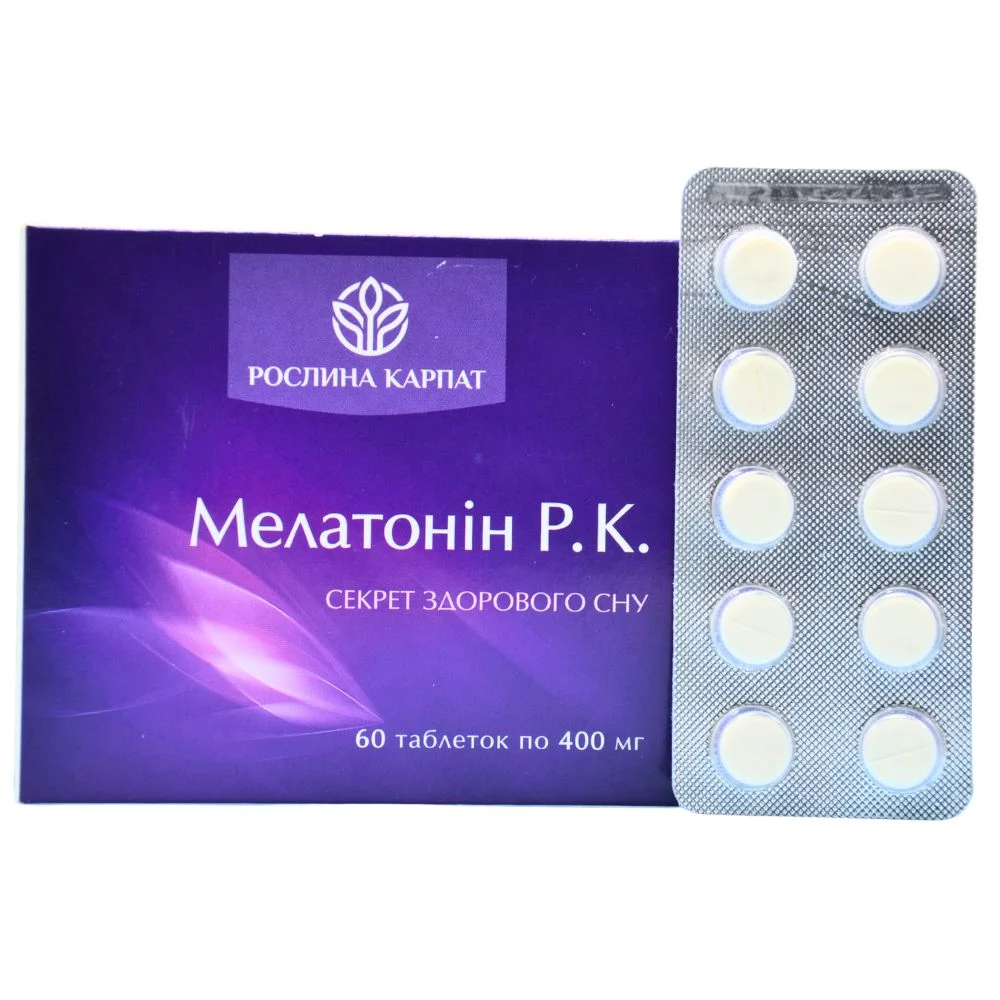 Упаковка та блістер таблеток Мелатонін Р.К. від Рослина Карпат.