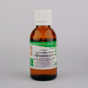 Фітокомпозиція «Фемінат» у флаконі — рослинна добавка для підтримки жіночого здоров’я.