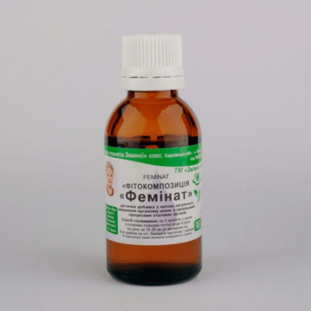Фітокомпозиція «Фемінат» у флаконі — рослинна добавка для підтримки жіночого здоров’я.