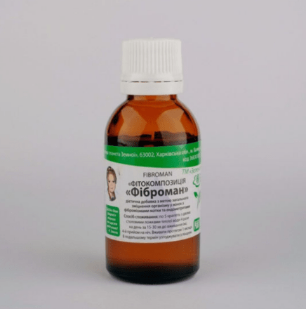Фітокомпозиція «Фіброман» у флаконі — рослинна добавка для підтримки жіночого здоров’я.
