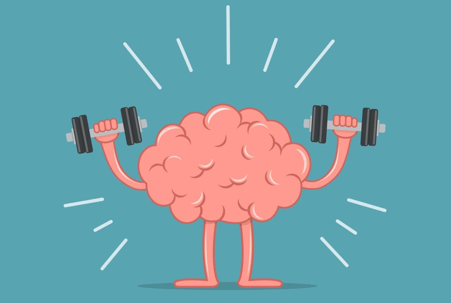 Ілюстрація мозку з гантелями — символ тренування памʼяті, концентрації та когнітивних функцій