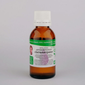 Фітокомпозиція «Інтелятрин» у флаконі — рослинна добавка для підтримки роботи мозку та нервової системи.