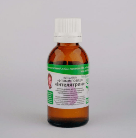 Фітокомпозиція «Інтелятрин» у флаконі — рослинна добавка для підтримки роботи мозку та нервової системи.