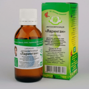 Фітокомпозиція «Ларинган» у флаконі та упаковці — рослинна добавка для підтримки верхніх дихальних шляхів.