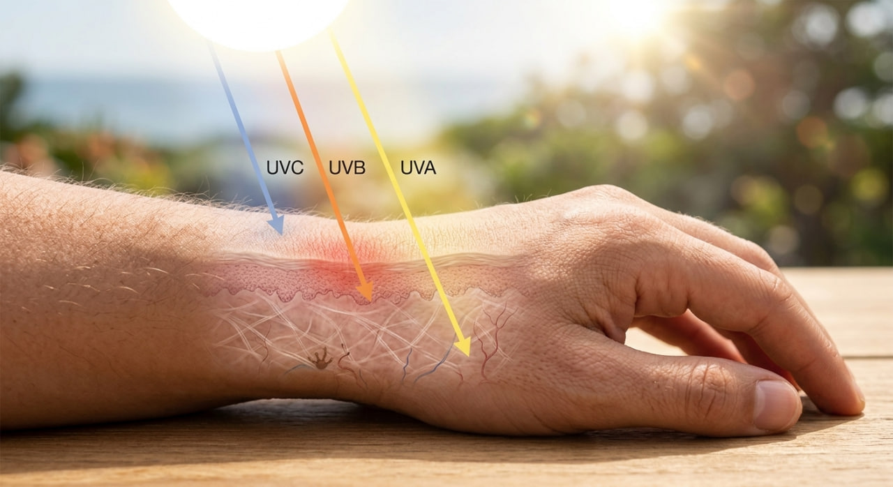 Схема проникнення променів UVA UVB UVC у шкіру