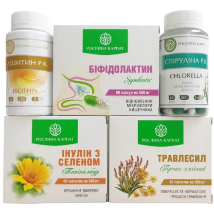 Комплекс «Рослина Карпат» для відновлення мікрофлори та підтримки травлення: Лецитин, Біфідолактин, Спіруліна, Інулін з селеном та Травлесил
