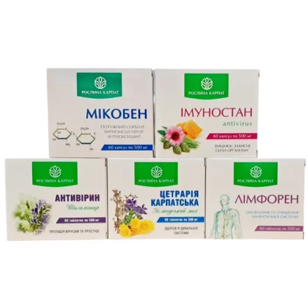 Набір фітокомплексів «Рослина Карпат» для підтримки імунітету та дихальної системи: Мікобен, Імуностан, Антивірин, Цетарія Карпатська та Лімфорен у коробках по 500 мг.